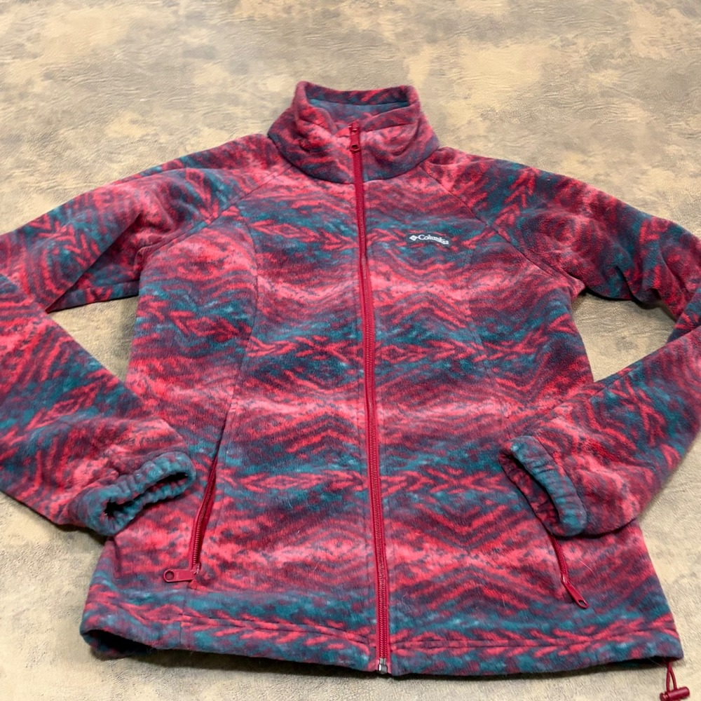 Columbia Fleece Jacket Womens Medium Pink Teal Geometric Full Zip Aztec